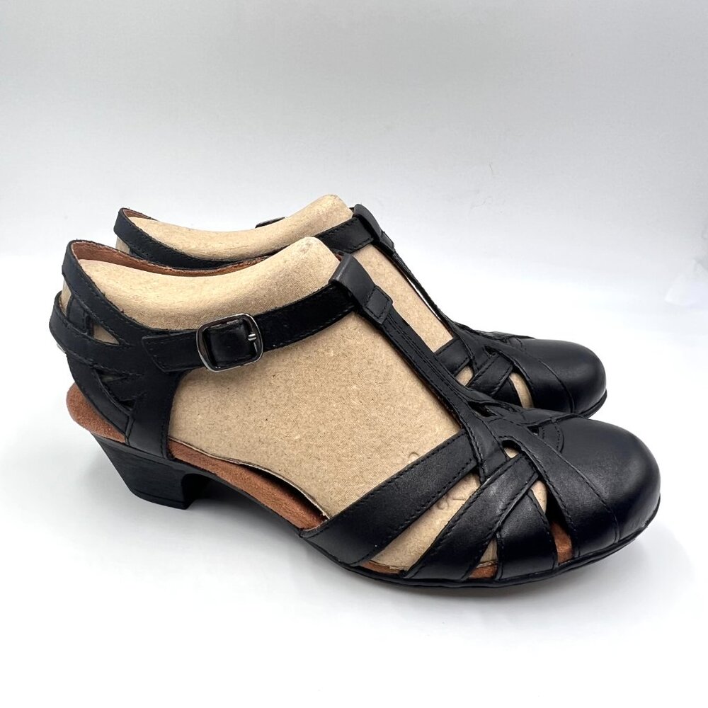 8N 8 NARROW WIDTH Cobb Hill Aubrey Black Leather T-Strap Block Heels Shoes